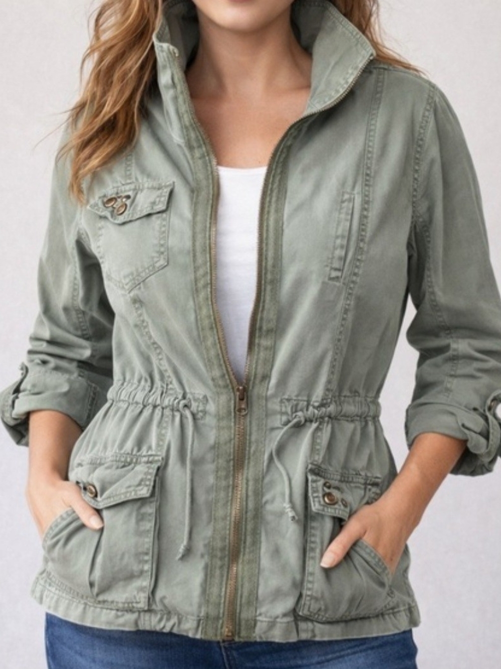 Ashley By 26 International Light Olive Drawstring Utility Jacket